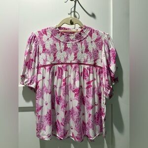 THML smocked & embroidered Pink and White Floral Patterned Fabric